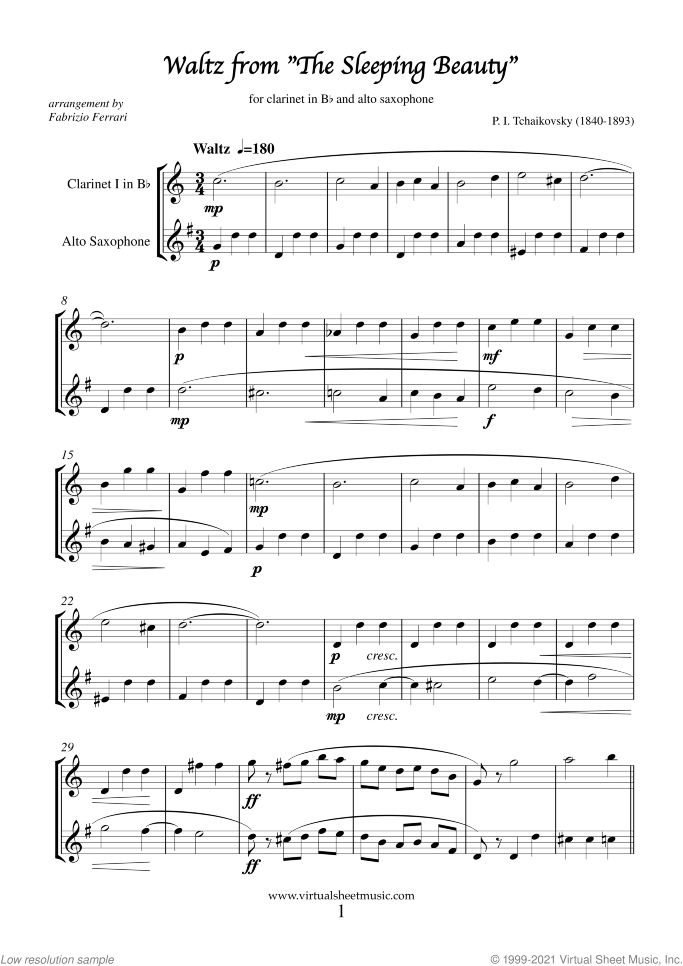 Waltz from The Sleeping Beauty sheet music for clarinet and alto saxophone by Pyotr Ilyich Tchaikovsky, classical score, easy duet