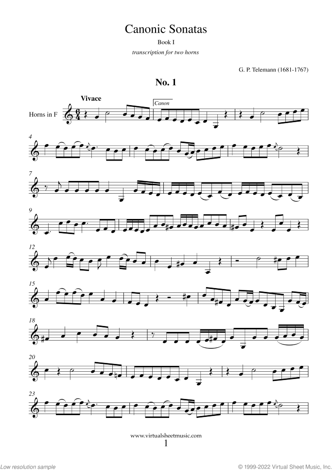 Canonic Sonatas sheet music for two horns by Georg Philipp Telemann, classical score, easy duet