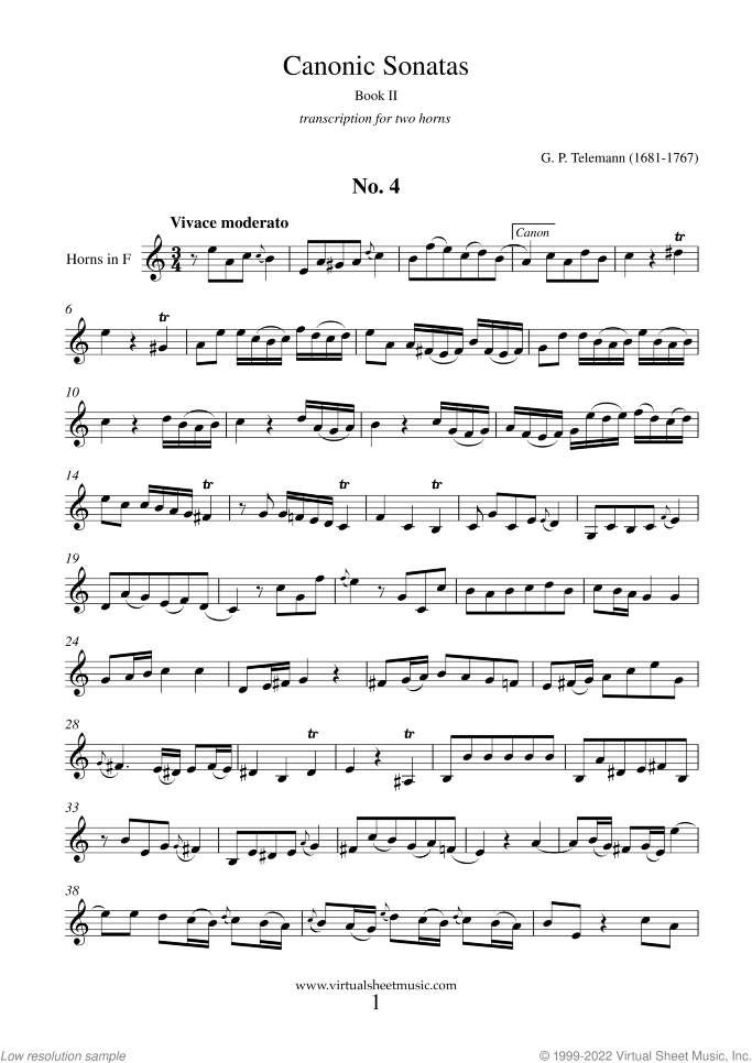 Canonic Sonatas sheet music for two horns by Georg Philipp Telemann, classical score, easy duet