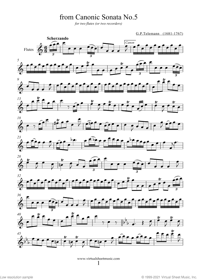 Canonic Sonata No.5 sheet music for two flutes (recorders) by Georg Philipp Telemann, classical score, easy duet