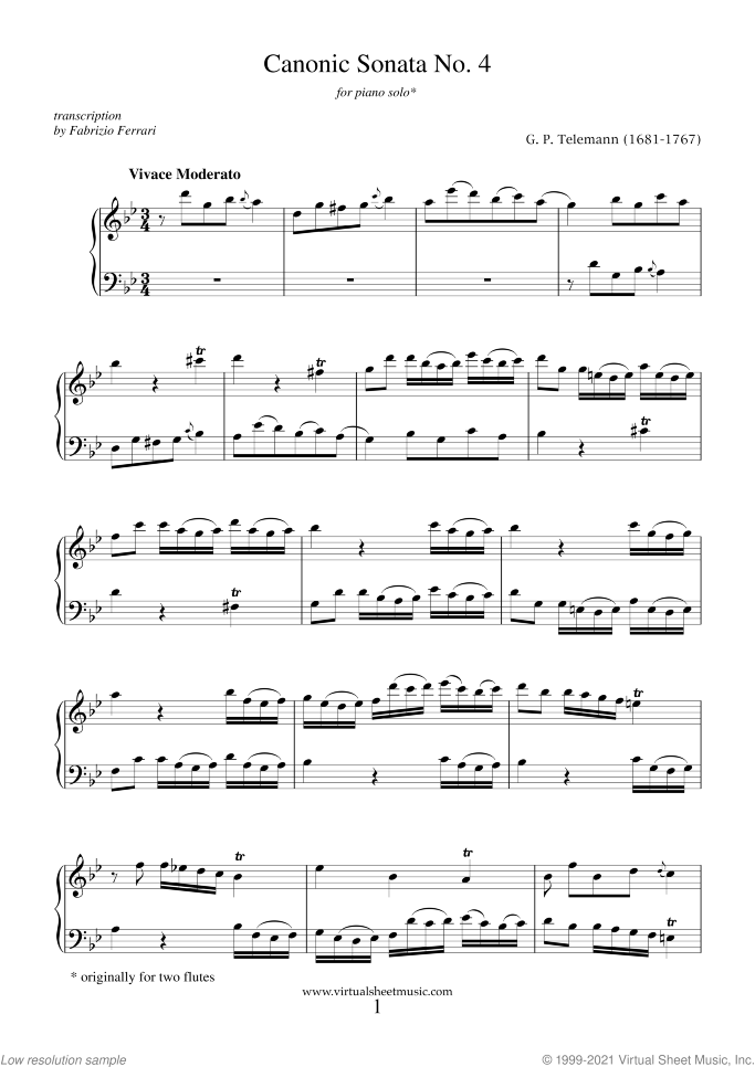 Canonic Sonatas sheet music for piano solo by Georg Philipp Telemann, classical score, intermediate skill level
