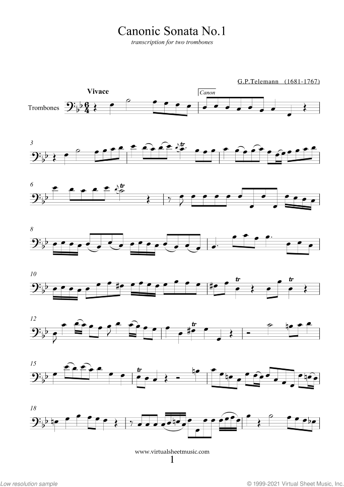 Canonic Sonatas sheet music for two trombones by Georg Philipp Telemann, classical score, easy/intermediate duet