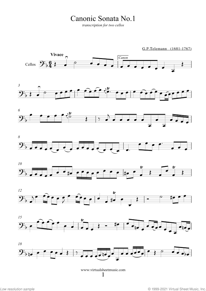 Canonic Sonatas sheet music for two cellos by Georg Philipp Telemann, classical score, intermediate duet