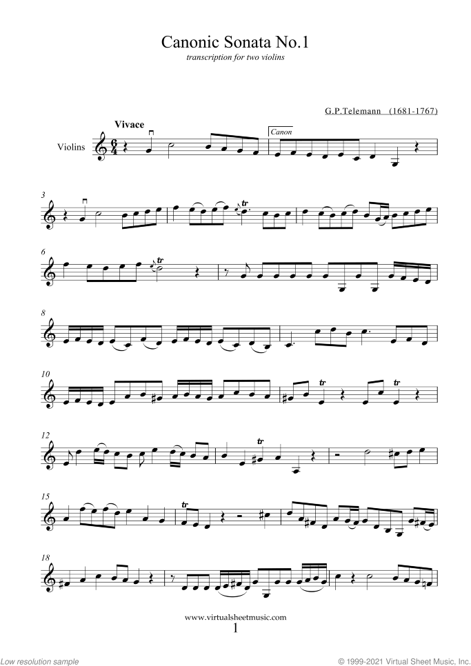 Canonic Sonatas sheet music for two violins by Georg Philipp Telemann, classical score, intermediate duet