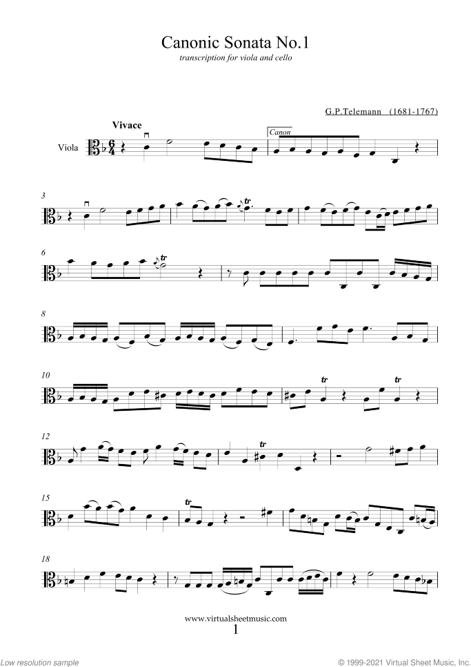 Canonic Sonatas sheet music for viola and cello by Georg Philipp Telemann, classical score, intermediate duet
