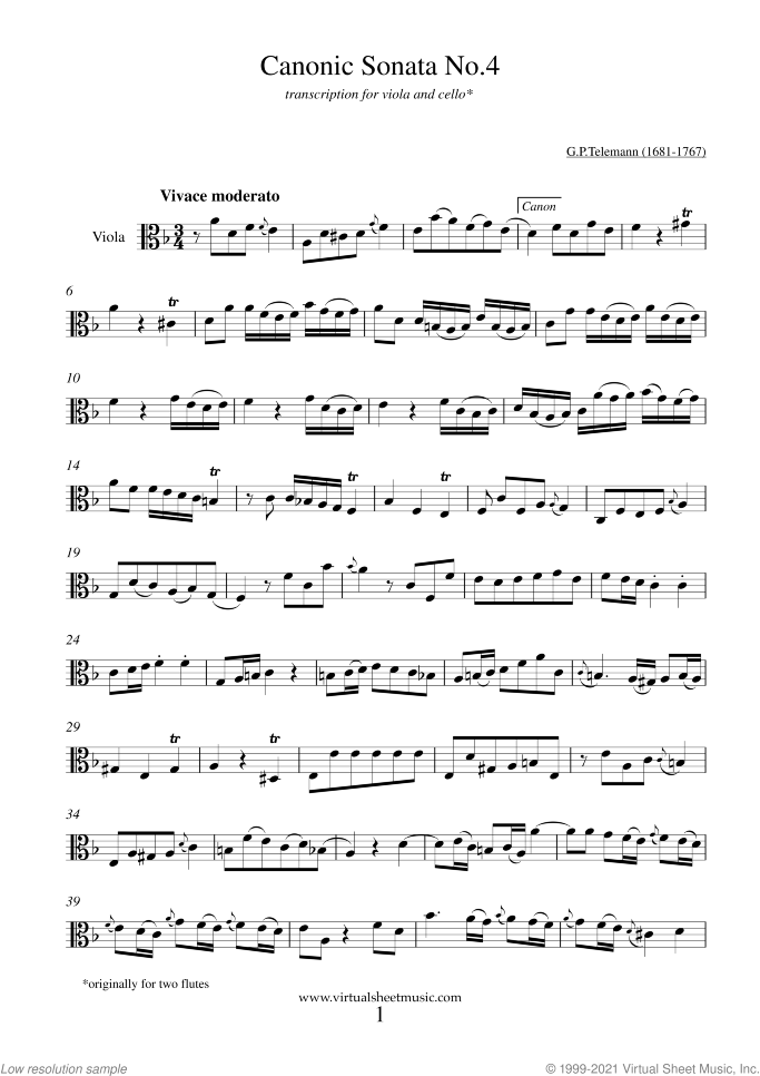 Canonic Sonatas sheet music for viola and cello by Georg Philipp Telemann, classical score, intermediate duet