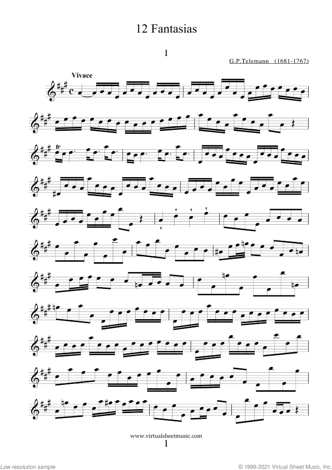 Fantasias sheet music for flute or alto flute solo by Georg Philipp Telemann, classical score, easy/intermediate skill level