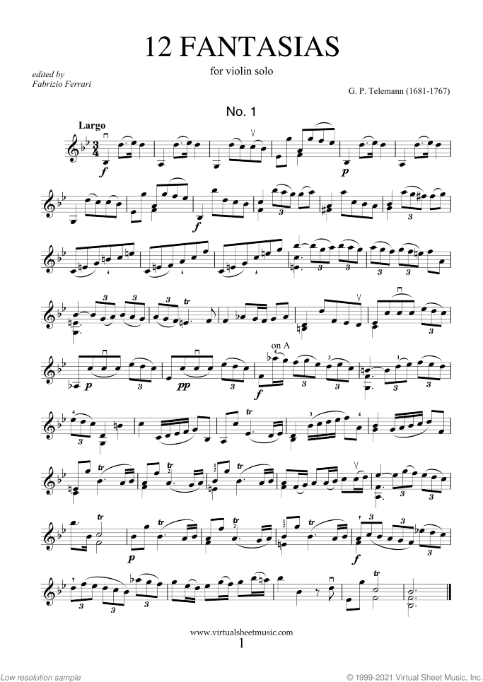Fantasias sheet music for violin solo by Georg Philipp Telemann, classical score, intermediate skill level