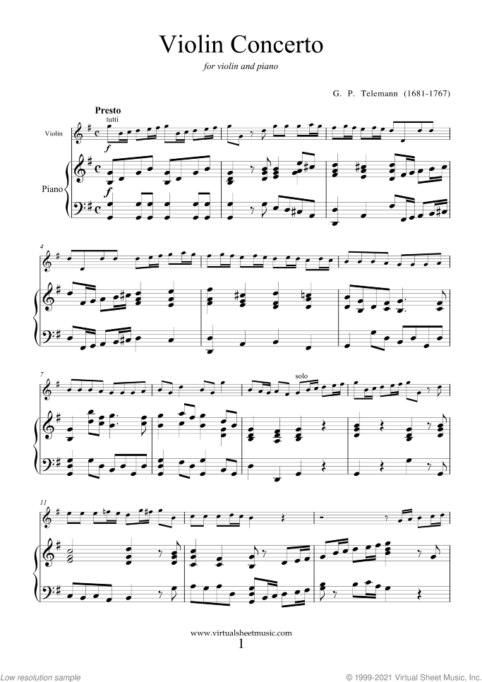 Concerto in G major sheet music for violin and piano by Georg Philipp Telemann, classical score, easy skill level