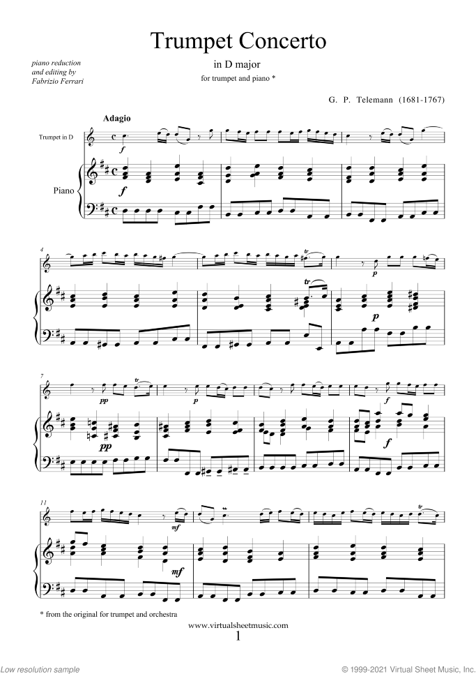 Concerto in D major sheet music for trumpet and piano by Georg Philipp Telemann, classical score, easy/intermediate skill level