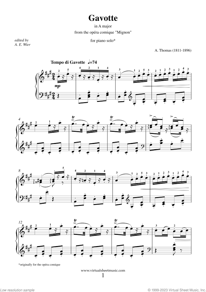 Gavotte in A major sheet music for piano solo by Ambroise Thomas, classical score, easy skill level