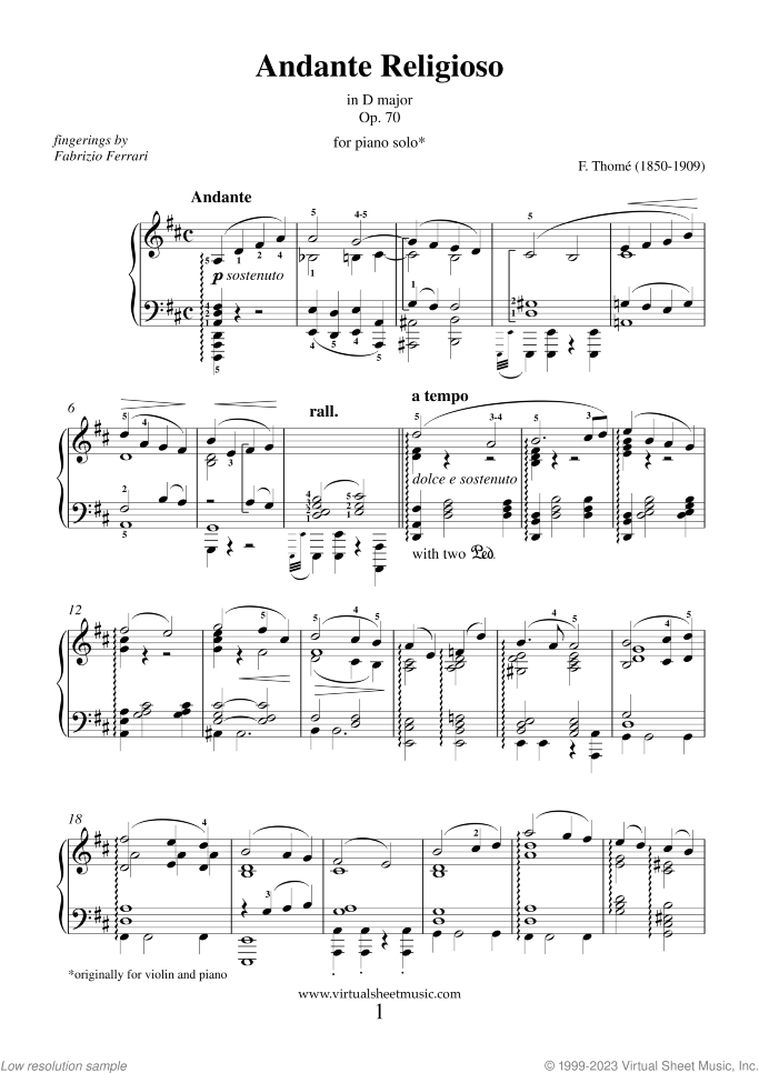 Andante Religioso sheet music for piano solo by Francis Thome', classical score, intermediate/advanced skill level