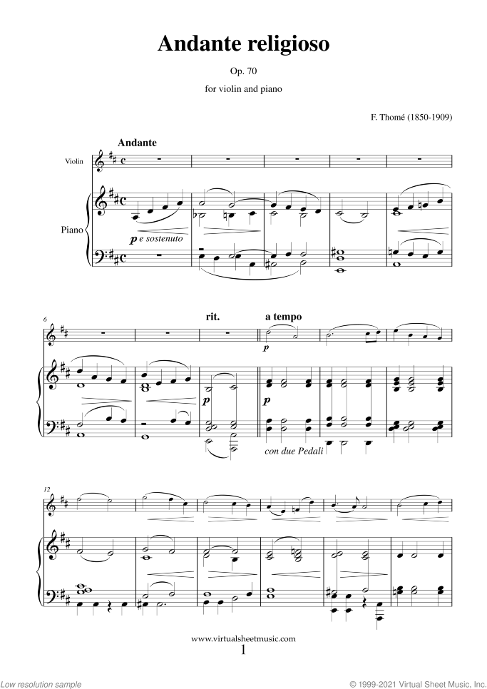 Andante Religioso sheet music for violin and piano by Francis Thome', classical score, intermediate/advanced skill level