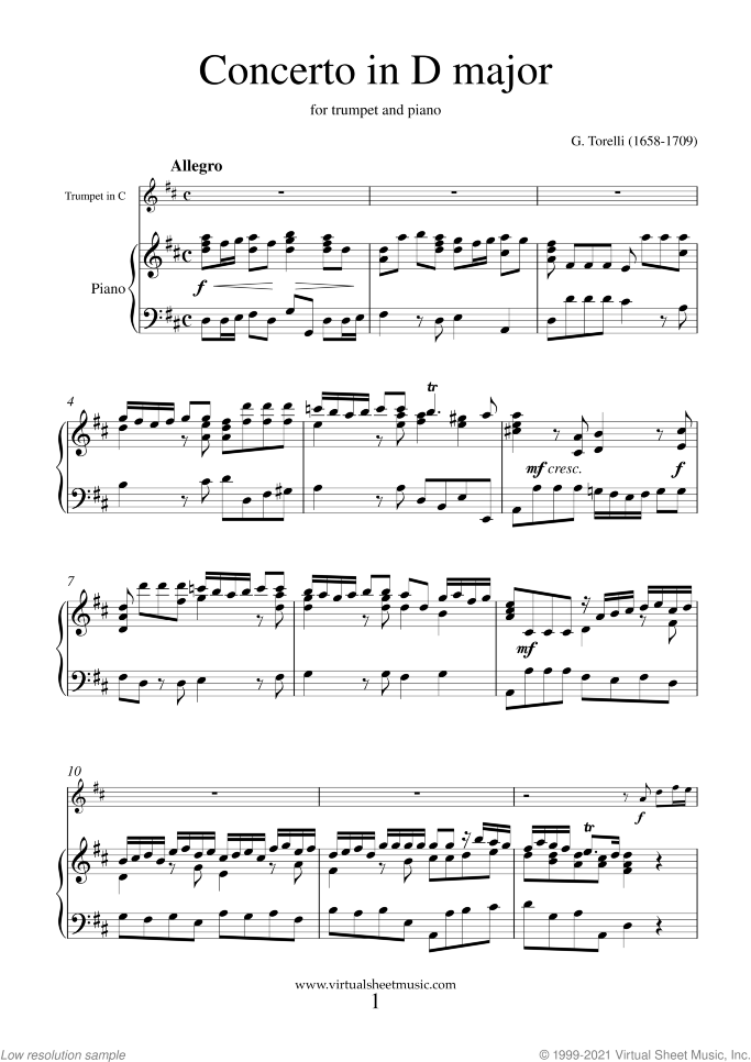 Concerto in D major sheet music for trumpet and piano by Giuseppe Torelli, classical score, advanced skill level