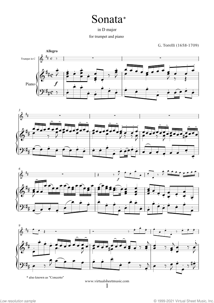 Sonata in D major sheet music for trumpet and piano by Giuseppe Torelli, classical score, intermediate skill level