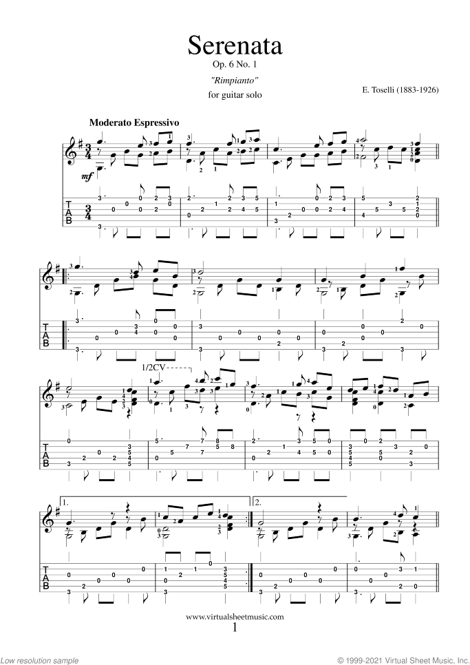 Serenata Op.6 No.1 sheet music for guitar solo by Enrico Toselli, classical score, easy/intermediate skill level