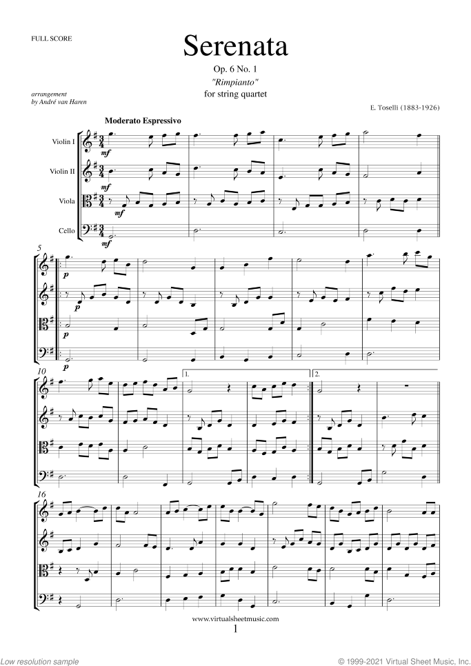 Serenata Op.6 No.1 (full score and parts) sheet music for string quartet by Enrico Toselli, classical score, easy/intermediate skill level