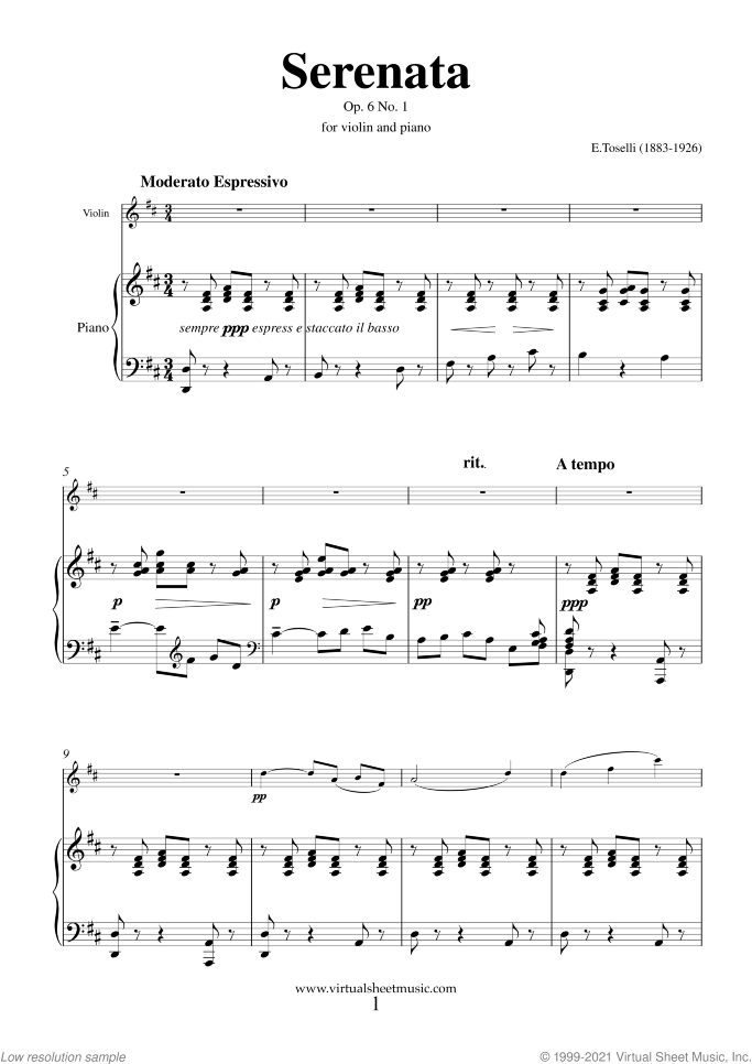 Serenata Op.6 No.1 sheet music for violin and piano by Enrico Toselli, classical score, easy/intermediate skill level