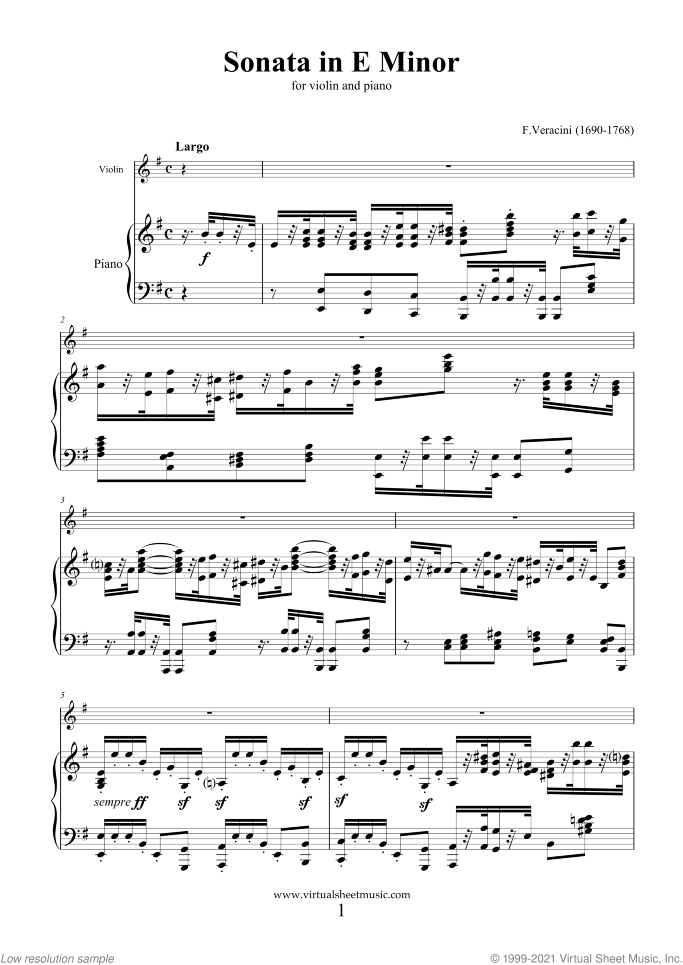 Sonata in E minor sheet music for violin and piano by Fancesco Veracini, classical score, intermediate skill level