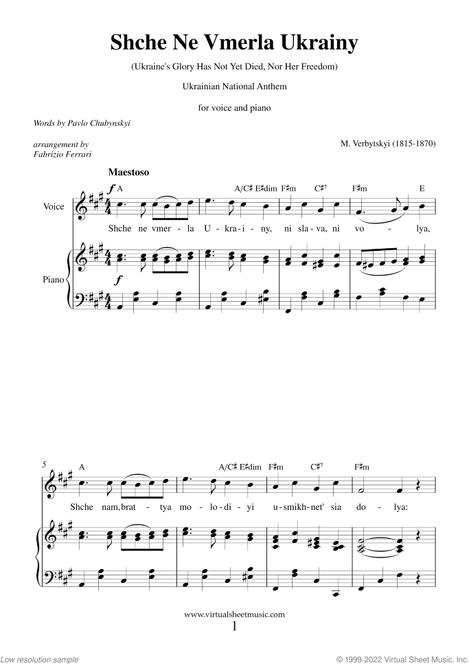Shche Ne Vmerla Ukrainy (Ukrainian National Anthem) sheet music for voice and piano (or guitar) by Mikhail Verbytskyi, easy/intermediate skill level