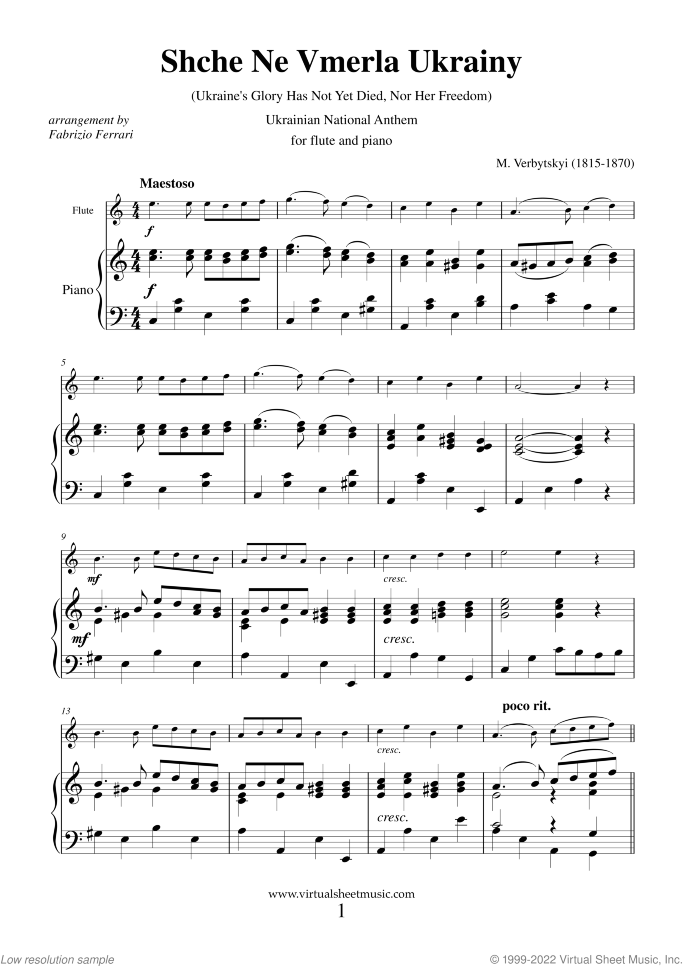 Shche Ne Vmerla Ukrainy (Ukrainian National Anthem) sheet music for flute and piano by Mikhail Verbytskyi, easy/intermediate skill level
