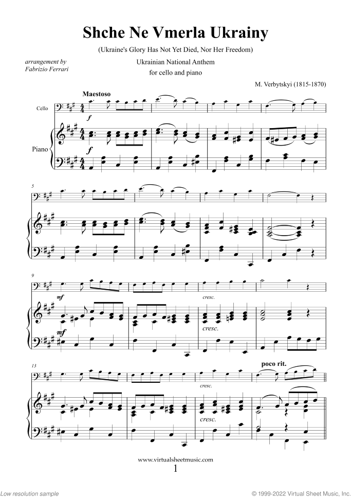 Shche Ne Vmerla Ukrainy (Ukrainian National Anthem) sheet music for cello and piano by Mikhail Verbytskyi, easy/intermediate skill level