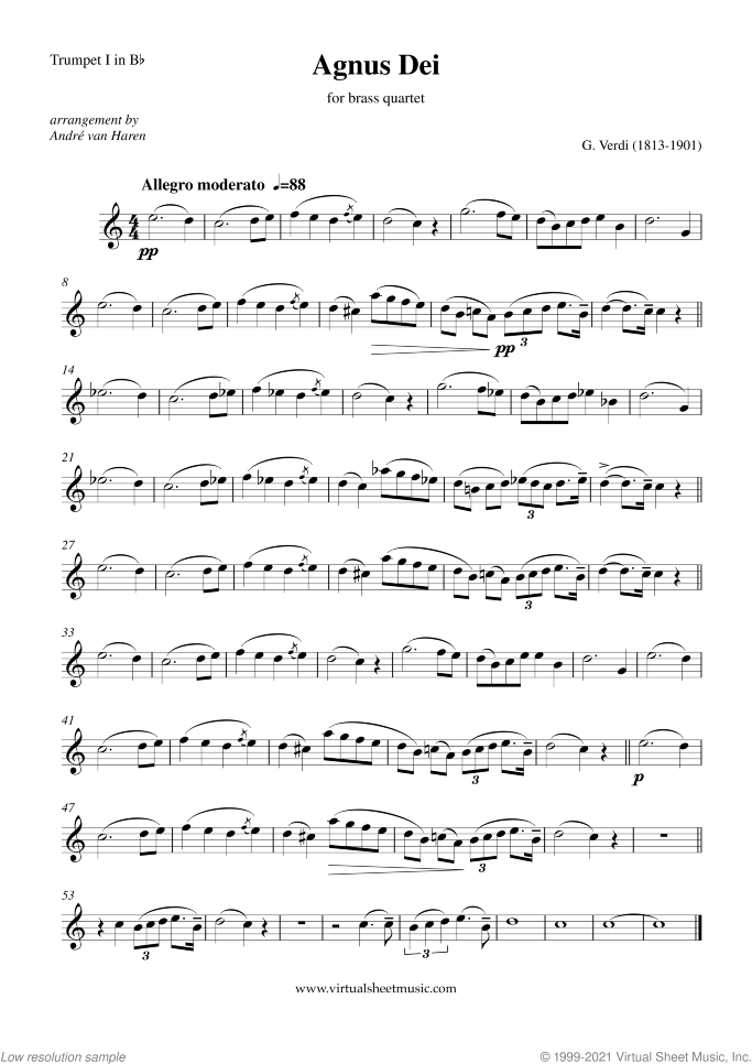 Agnus Dei (parts) sheet music for brass quartet by Giuseppe Verdi, intermediate skill level