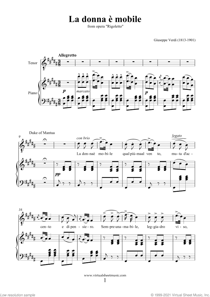 La Donna e Mobile sheet music for tenor and piano by Giuseppe Verdi, classical score, advanced skill level