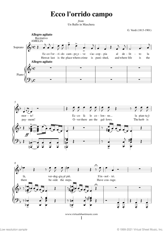 Ecco l' Orrido Campo sheet music for soprano and piano by Giuseppe Verdi, classical score, advanced skill level