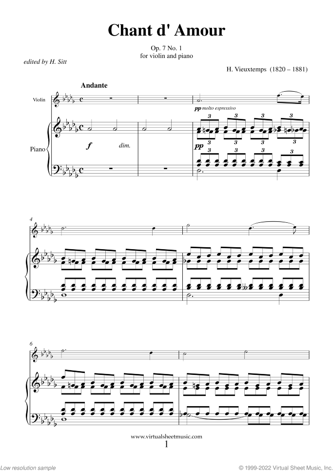 Chant d' Amour Op.7 No. 1 sheet music for violin and piano by Henri Vieuxtemps, classical score, intermediate/advanced skill level