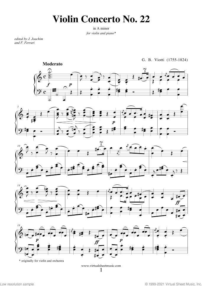 Concerto in A minor No.22 sheet music for violin and piano by Giovanni Battista Viotti, classical score, intermediate/advanced skill level