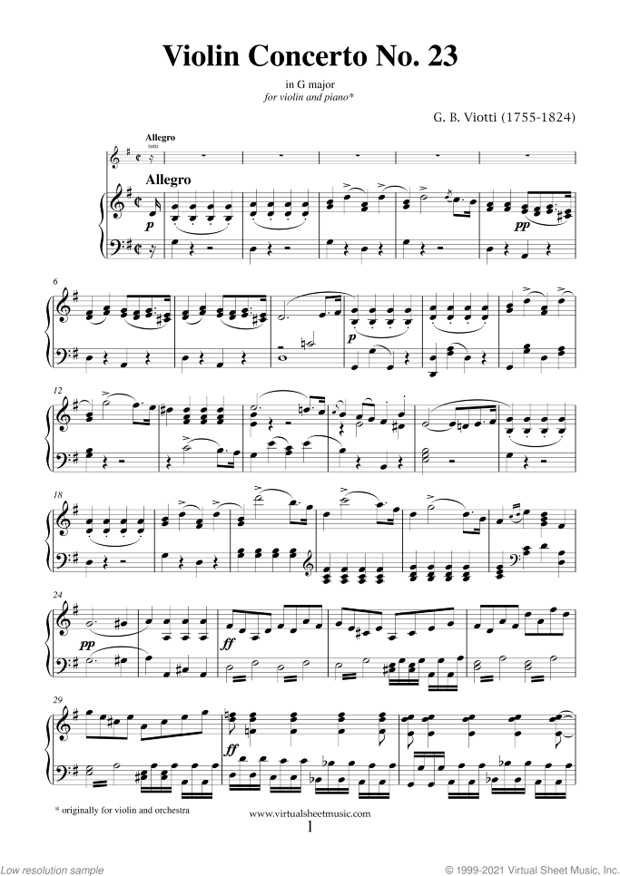 Concerto in G major No.23 sheet music for violin and piano by Giovanni Battista Viotti, classical score, intermediate/advanced skill level