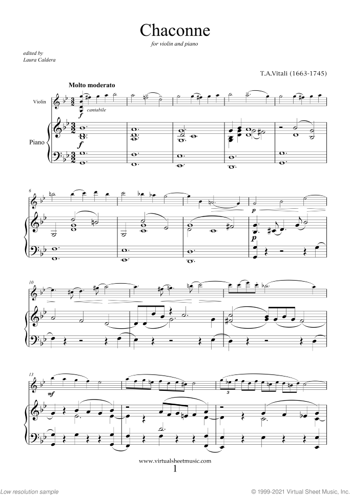 Chaconne sheet music for violin and piano by Tommaso Antonio Vitali, classical score, intermediate skill level