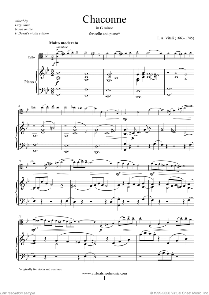 Chaconne sheet music for cello and piano by Tommaso Antonio Vitali, classical score, intermediate skill level