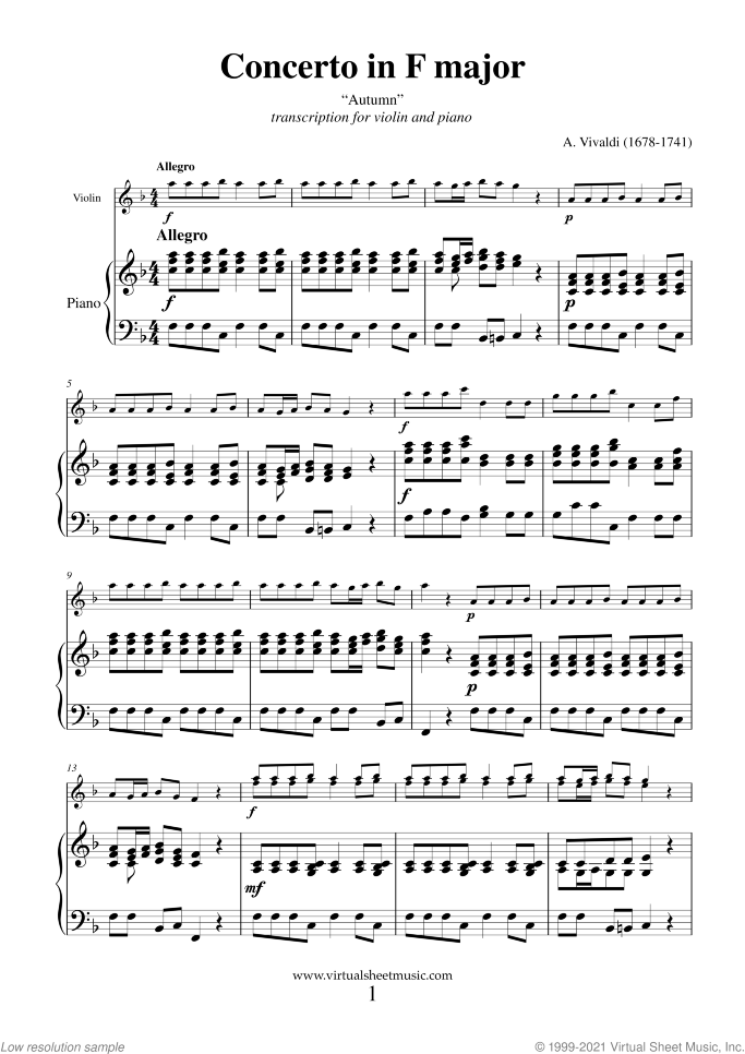 Concerto "Autumn" (NEW EDITION) sheet music for violin and piano by Antonio Vivaldi, classical score, advanced skill level