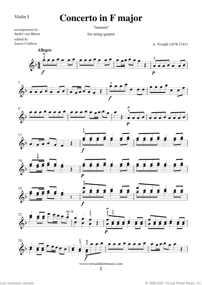 Concerto "Autumn" (parts) sheet music for string quartet by Antonio Vivaldi, classical score, advanced skill level