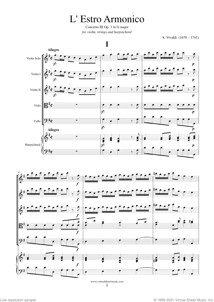 Concerto in G major Op.3 No.3 (f.score) sheet music for violin, strings and harpsichord by Antonio Vivaldi, classical score, intermediate orchestra