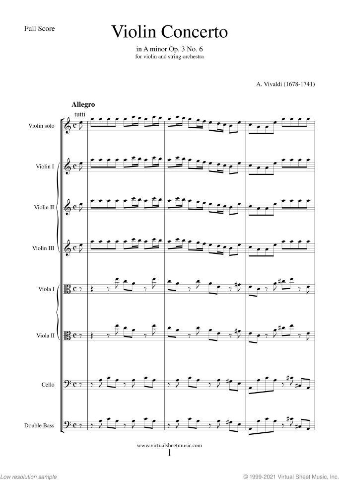 Concerto in A minor Op.3 No.6 (COMPLETE) sheet music for string orchestra by Antonio Vivaldi, classical score, intermediate skill level