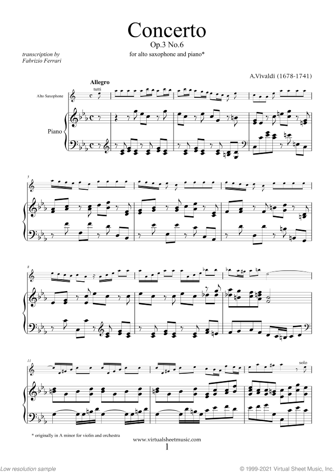 Concerto in A minor Op.3 No.6 sheet music for alto saxophone and piano by Antonio Vivaldi, classical score, easy/intermediate skill level