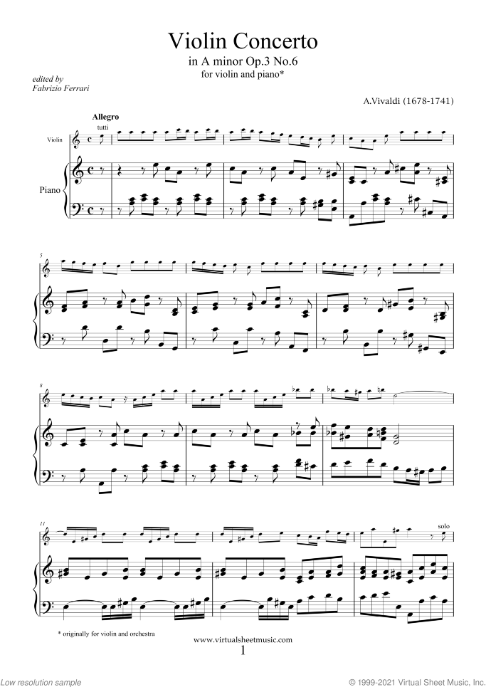 Concerto in A minor Op.3 No.6 sheet music for violin and piano by Antonio Vivaldi, classical score, easy/intermediate skill level