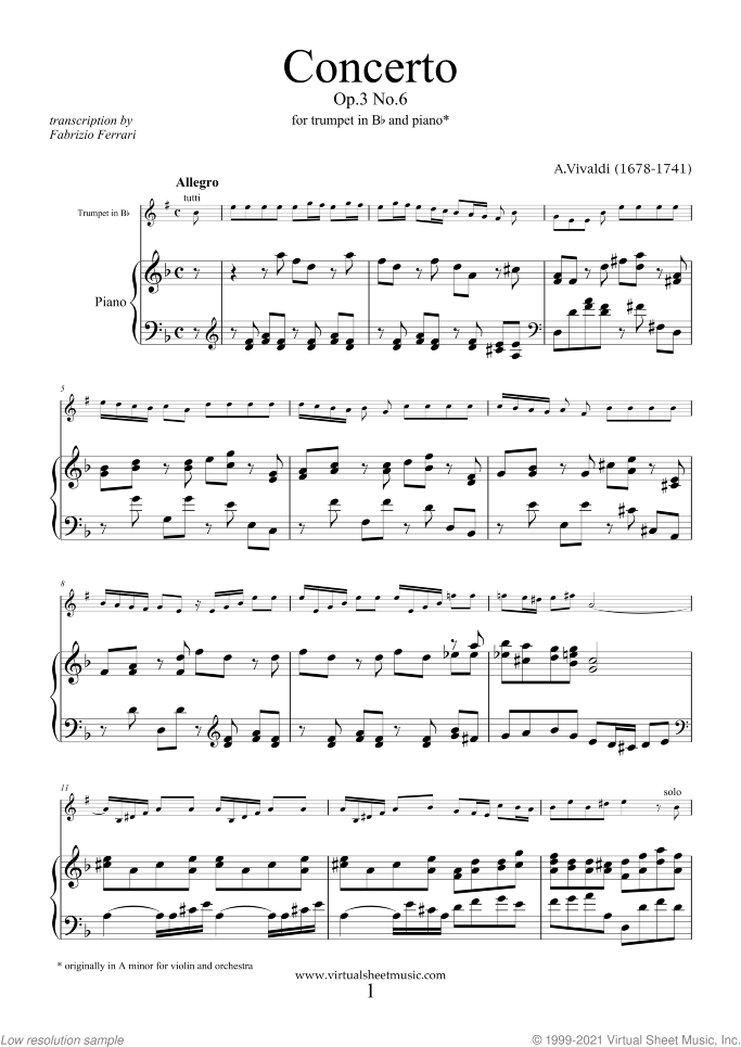 Concerto in A minor Op.3 No.6 sheet music for trumpet and piano by Antonio Vivaldi, classical score, intermediate/advanced skill level