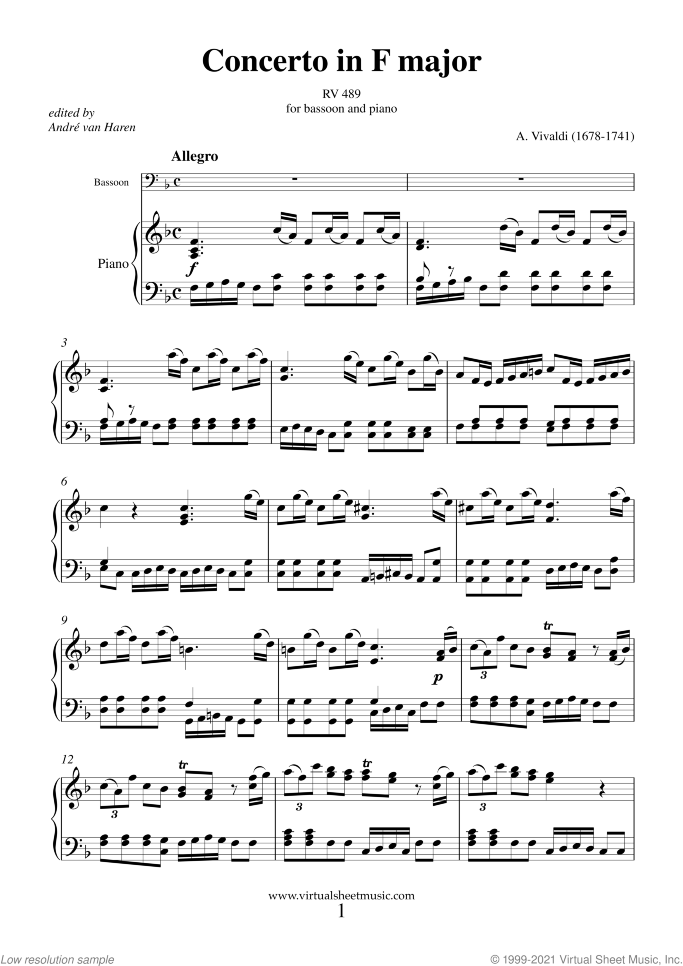 Concerto in F major RV 489 sheet music for bassoon and piano by Antonio Vivaldi, classical score, intermediate skill level