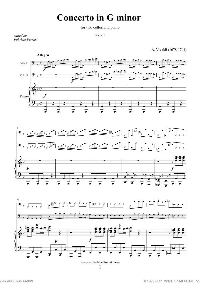Concerto in G minor RV 531 sheet music for two cellos and piano by Antonio Vivaldi, classical score, intermediate/advanced skill level