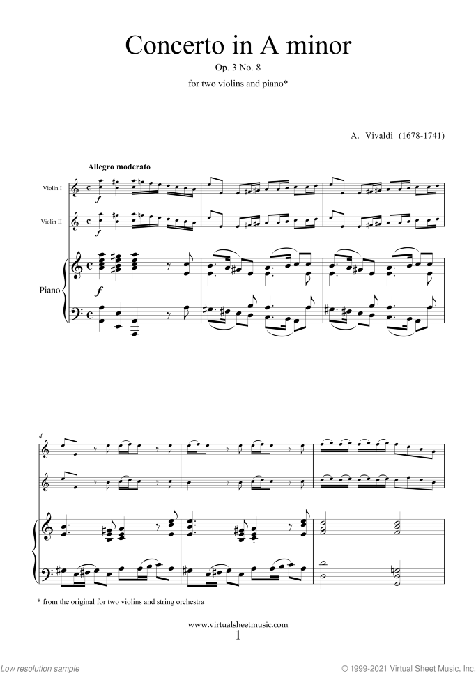 Concerto in A minor Op.3 No.8 sheet music for two violins and piano by Antonio Vivaldi, classical score, intermediate/advanced skill level