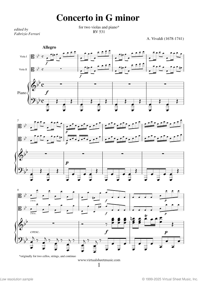 Concerto in G minor RV 531 sheet music for two violas and piano by Antonio Vivaldi, classical score, intermediate+ duet