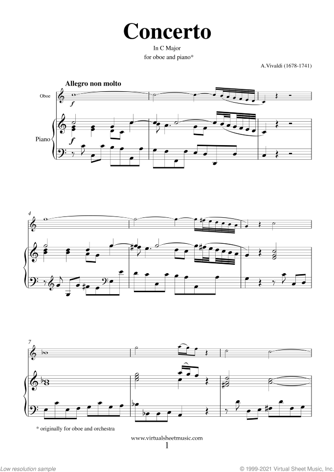 Concerto in C major RV 447 sheet music for oboe and piano by Antonio Vivaldi, classical score, advanced skill level