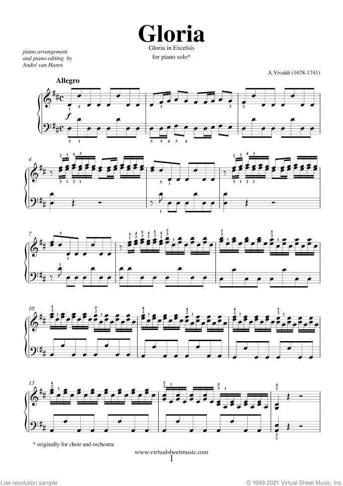Gloria sheet music for piano solo by Antonio Vivaldi, classical score, easy/intermediate skill level