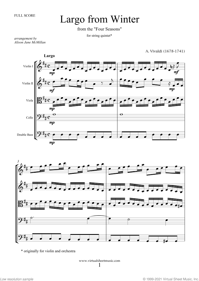Largo from Winter (COMPLETE) sheet music for string quintet or string orchestra by Antonio Vivaldi, classical score, intermediate skill level