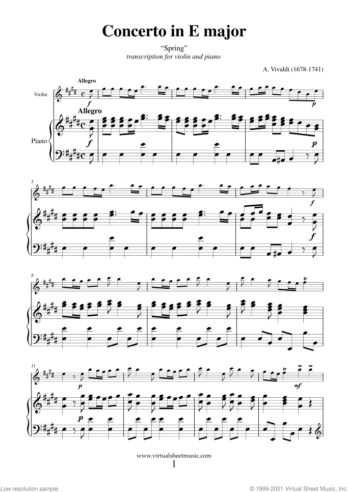 Concerto "Spring" (NEW EDITION) sheet music for violin and piano by Antonio Vivaldi, classical score, advanced skill level