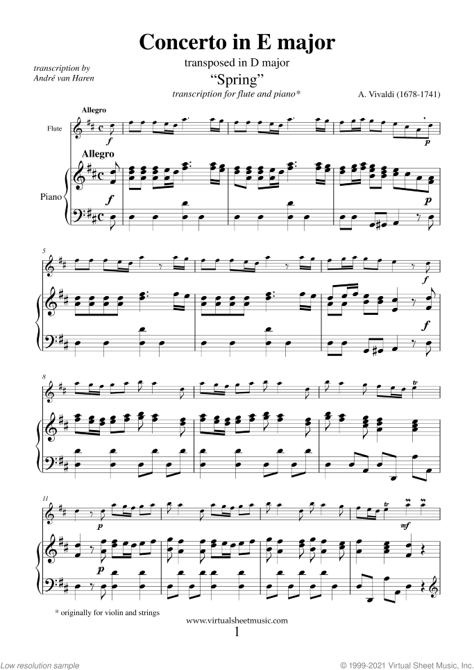 Concerto "Spring" sheet music for flute and piano by Antonio Vivaldi, classical score, advanced skill level